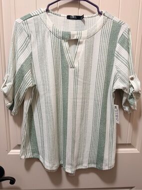 CURE Striped Green & White V-Notch Roll-Sleeve Blouse